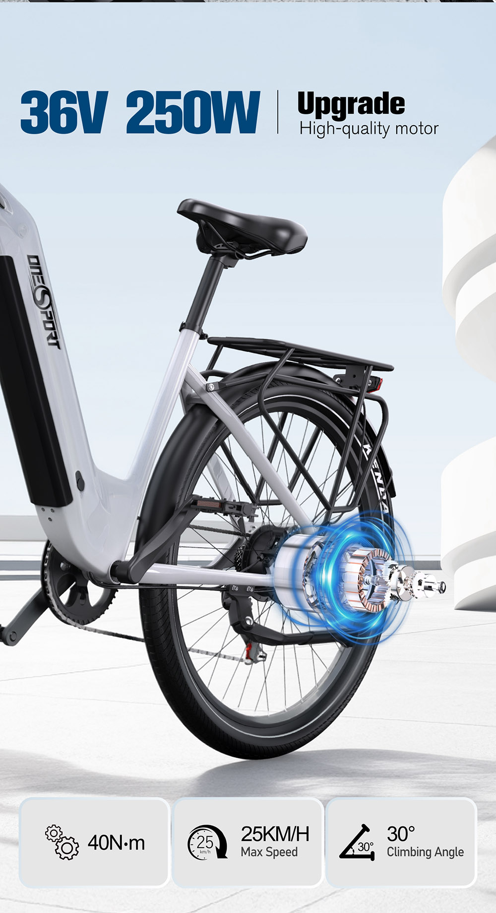 ONESPORT OT05 Electric Bike, 27.5' Aluminum Frame, 250W ANANDA Motor, 36V 18.2Ah Battery, 25km/h Max Speed, 60-120km Range, Oil Disc Brake, Shimano 7 Speed, Torque Sensor, 100kg Max Load - White