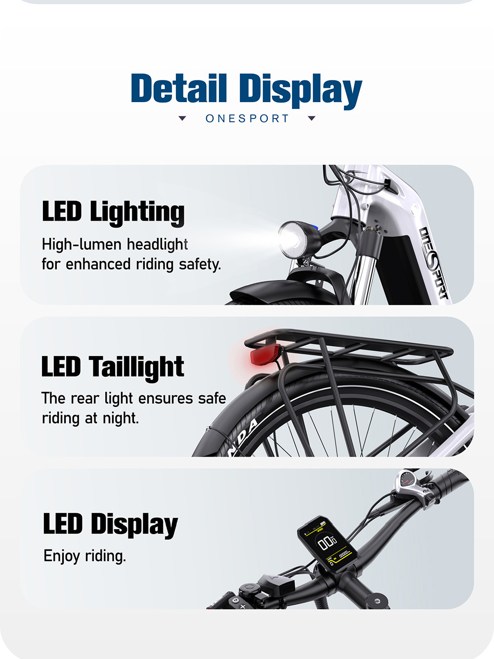 ONESPORT OT05 Electric Bike, 27.5' Aluminum Frame, 250W ANANDA Motor, 36V 18.2Ah Battery, 25km/h Max Speed, 60-120km Range, Oil Disc Brake, Shimano 7 Speed, Torque Sensor, 100kg Max Load - White