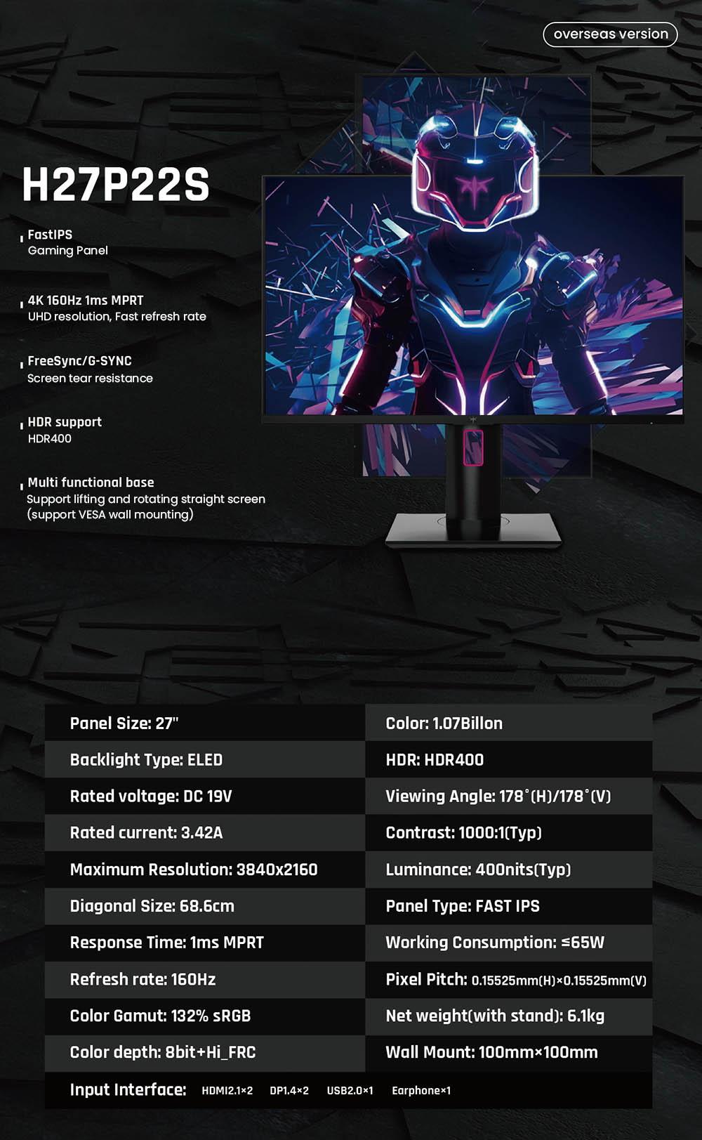 KTC H27P22S 27-inch Gaming Monitor, 3840x2160 UHD AUO 7.0 FAST IPS Panel, HDR400, 160Hz Refresh Rate, 1ms Response Time, 132%sRGB, Compatible with FreeSync and G-SYNC, Low-blue Light, 2*HDMI2.1 2*DP1.4 1*USB2.0, Adjustable Stand & Support VESA Mount