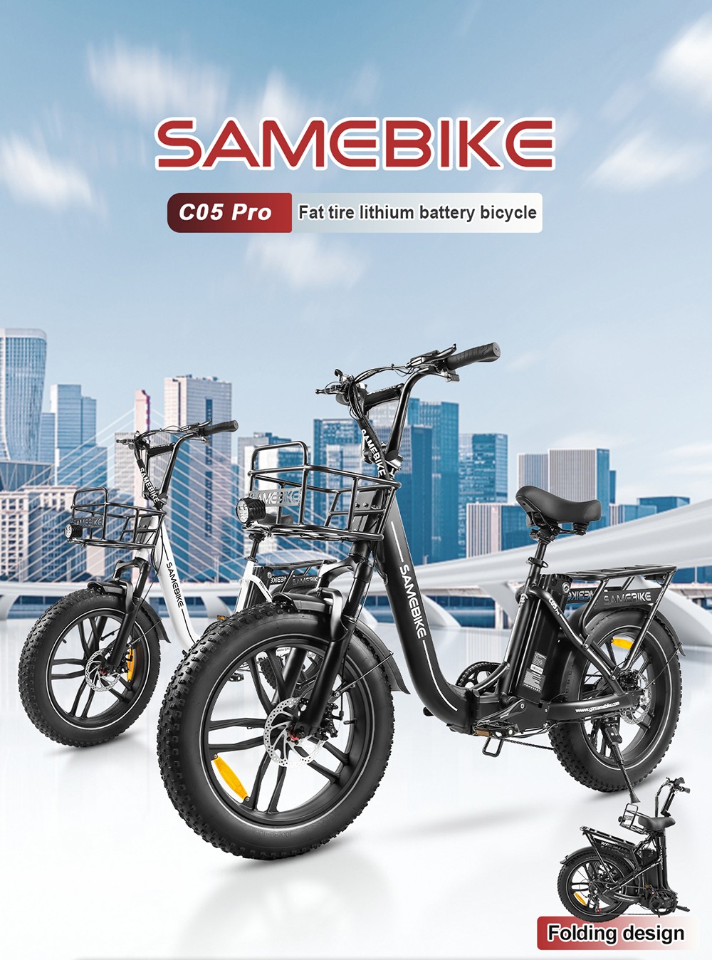 SAMEBIKE C05 Pro Electric Bike, 500W Motor, 36V 13Ah Battery, 20*4-inch Tires, 35km/h Max Speed, 70km Max Range, Mechanical Disc Brakes, Shimano 7 Speed - White