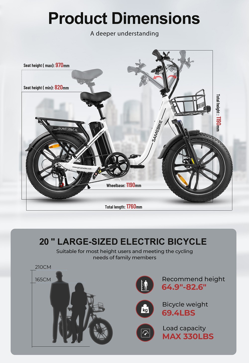 SAMEBIKE C05 Pro Electric Bike, 500W Motor, 36V 13Ah Battery, 20*4-inch Tires, 35km/h Max Speed, 70km Max Range, Mechanical Disc Brakes, Shimano 7 Speed - White