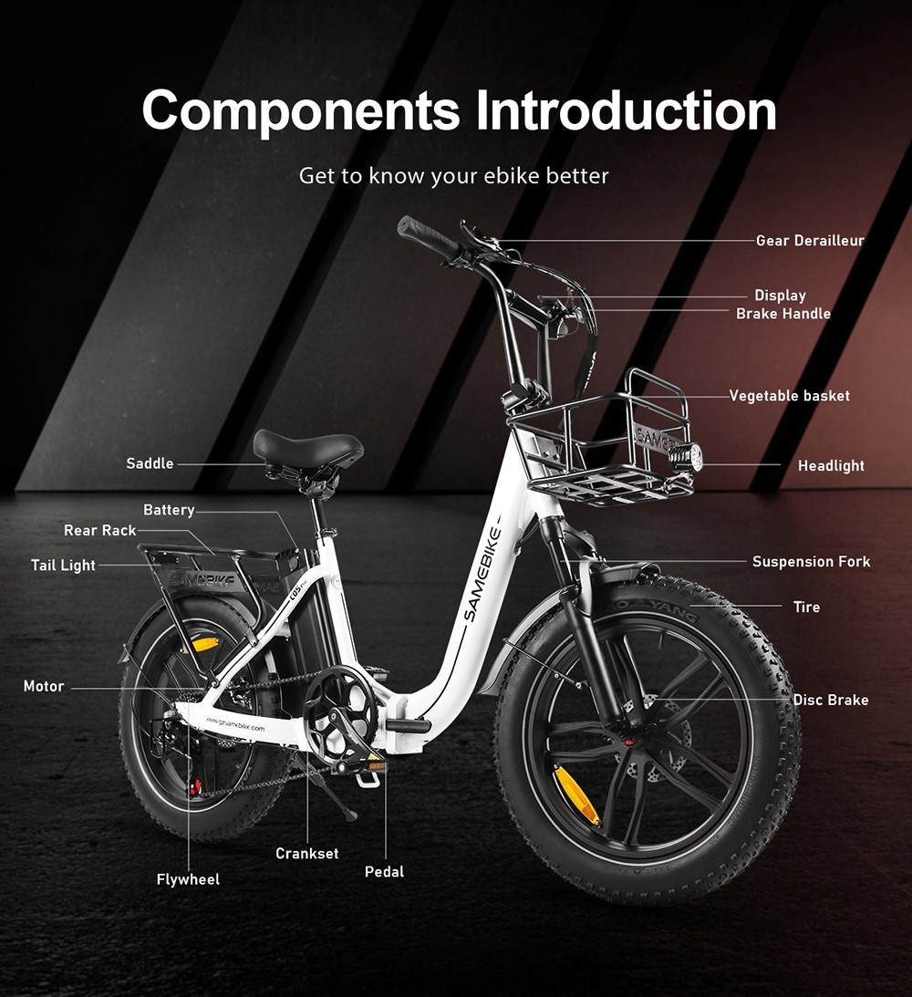 SAMEBIKE C05 Pro Electric Bike, 500W Motor, 36V 13Ah Battery, 20*4-inch Tires, 35km/h Max Speed, 70km Max Range, Mechanical Disc Brakes, Shimano 7 Speed - White
