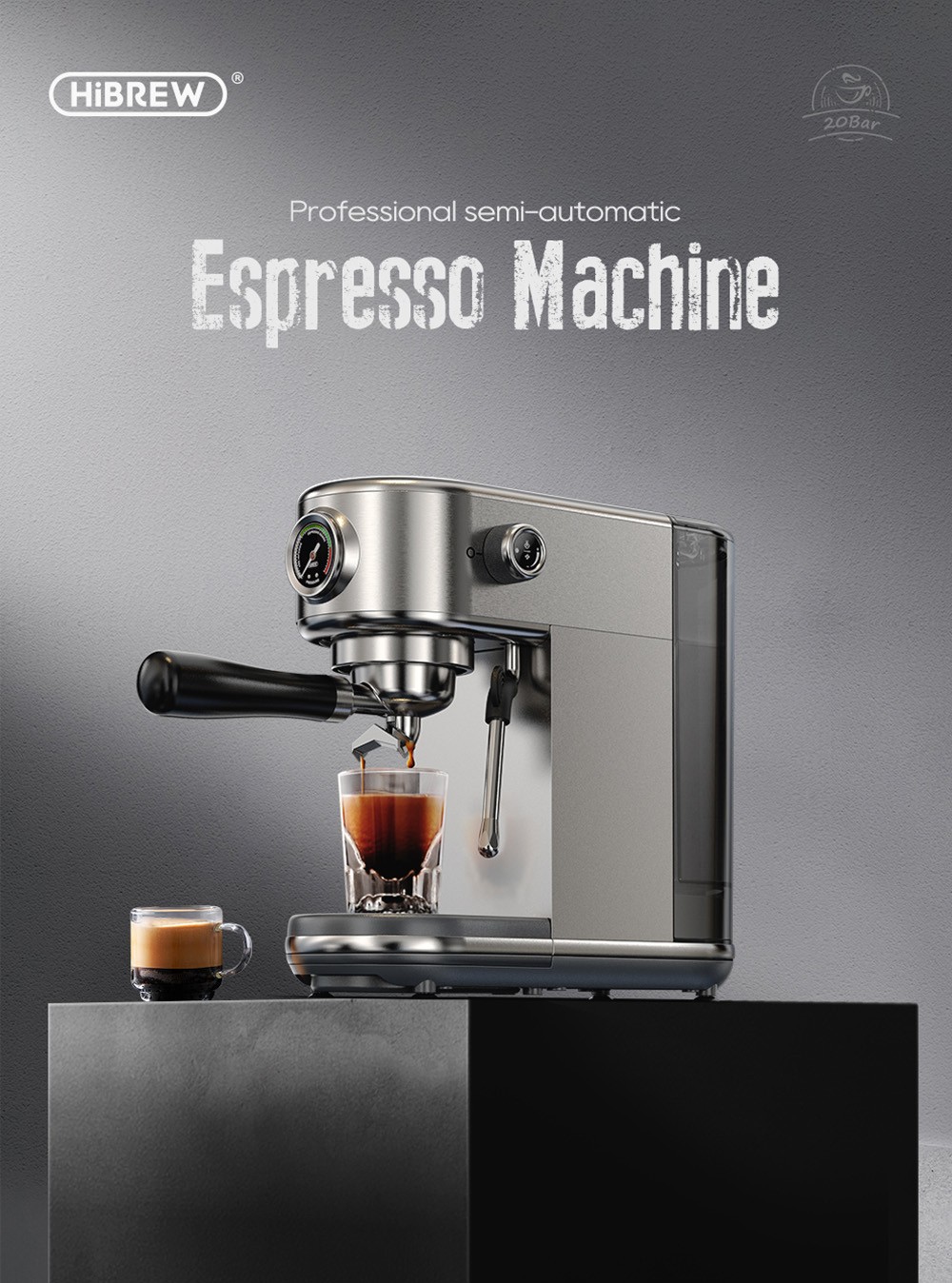 HiBREW H10B Espresso Coffee Machine, 20Bar Extraction Pressure, Semi-Automatic, Adjustable Temperature & Cup Volume, 51mm Aluminum Alloy Handle, 1.3L Removable Water Tank, Silver