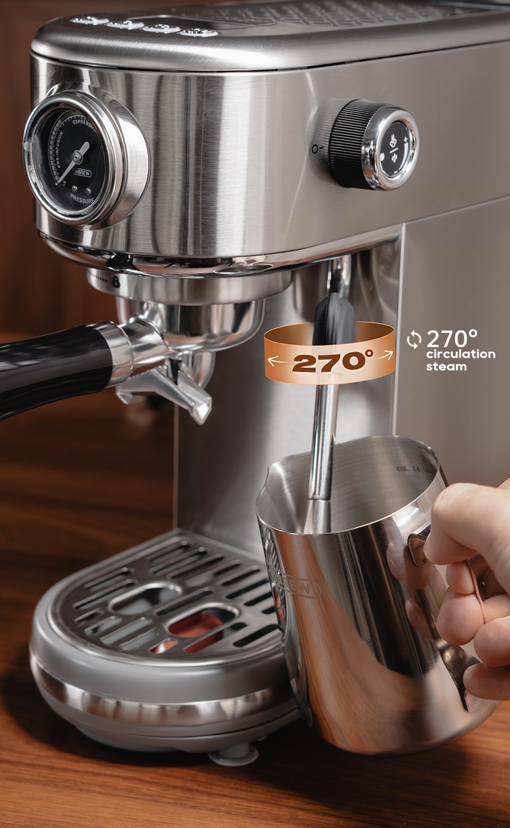 HiBREW H10B Espresso Coffee Machine, 20Bar Extraction Pressure, Semi-Automatic, Adjustable Temperature & Cup Volume, 51mm Aluminum Alloy Handle, 1.3L Removable Water Tank, Silver