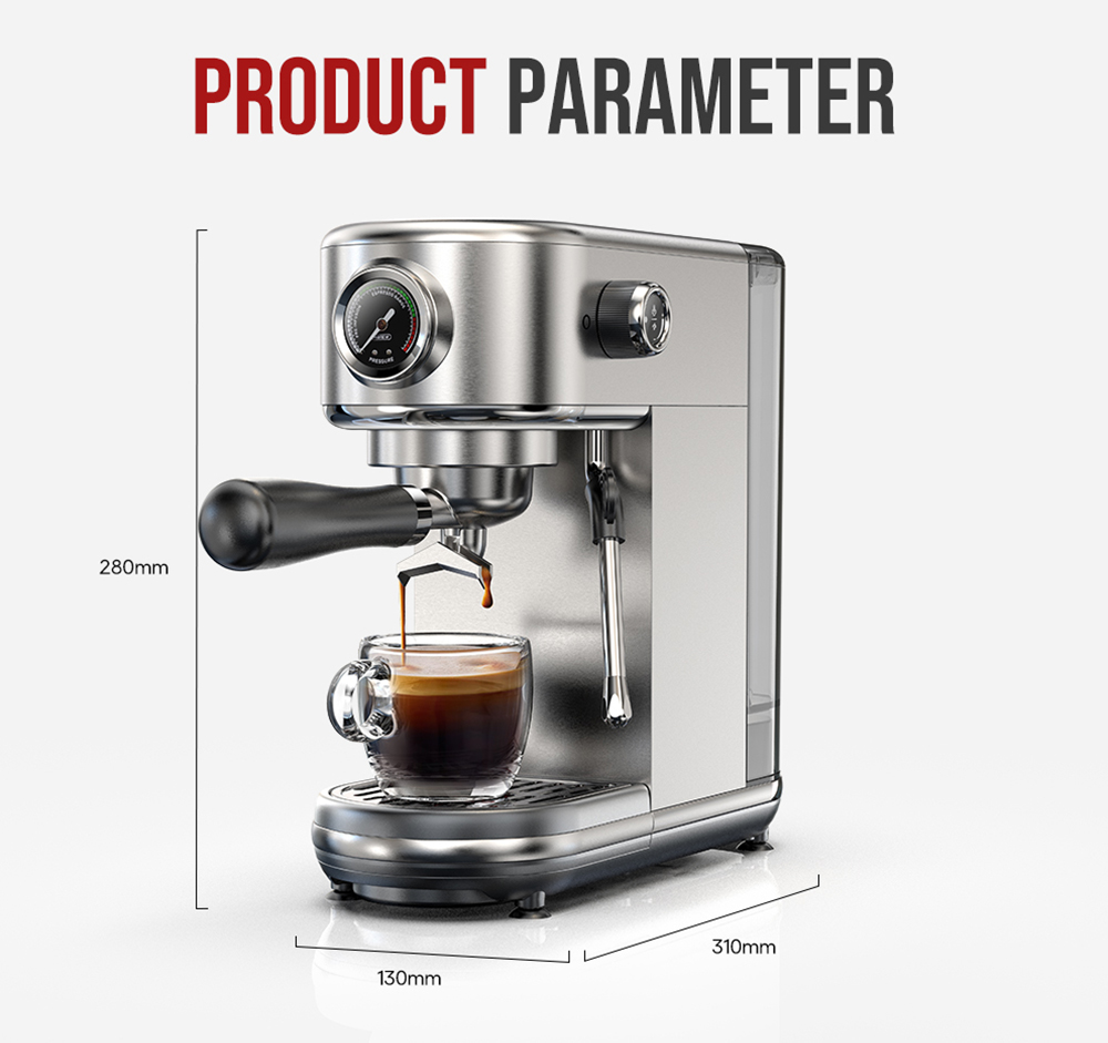 HiBREW H10B Espresso Coffee Machine, 20Bar Extraction Pressure, Semi-Automatic, Adjustable Temperature & Cup Volume, 51mm Aluminum Alloy Handle, 1.3L Removable Water Tank, Silver