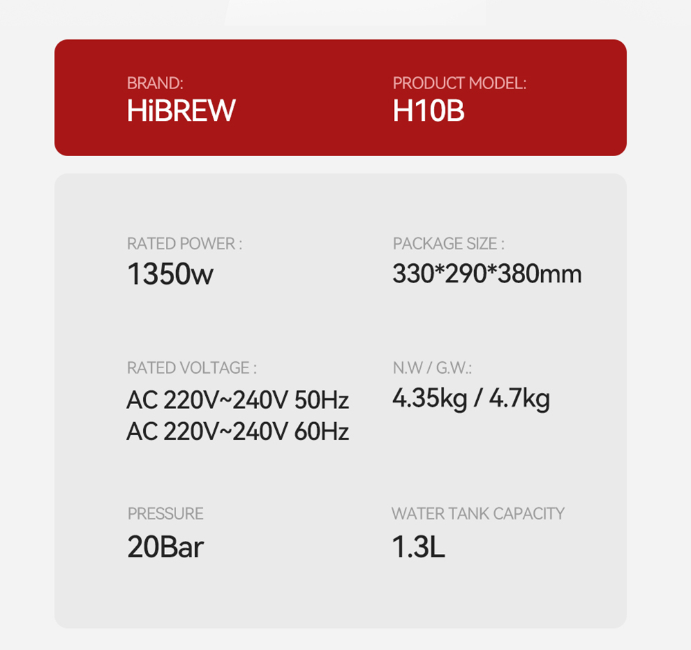HiBREW H10B Espresso Coffee Machine, 20Bar Extraction Pressure, Semi-Automatic, Adjustable Temperature & Cup Volume, 51mm Aluminum Alloy Handle, 1.3L Removable Water Tank, Silver