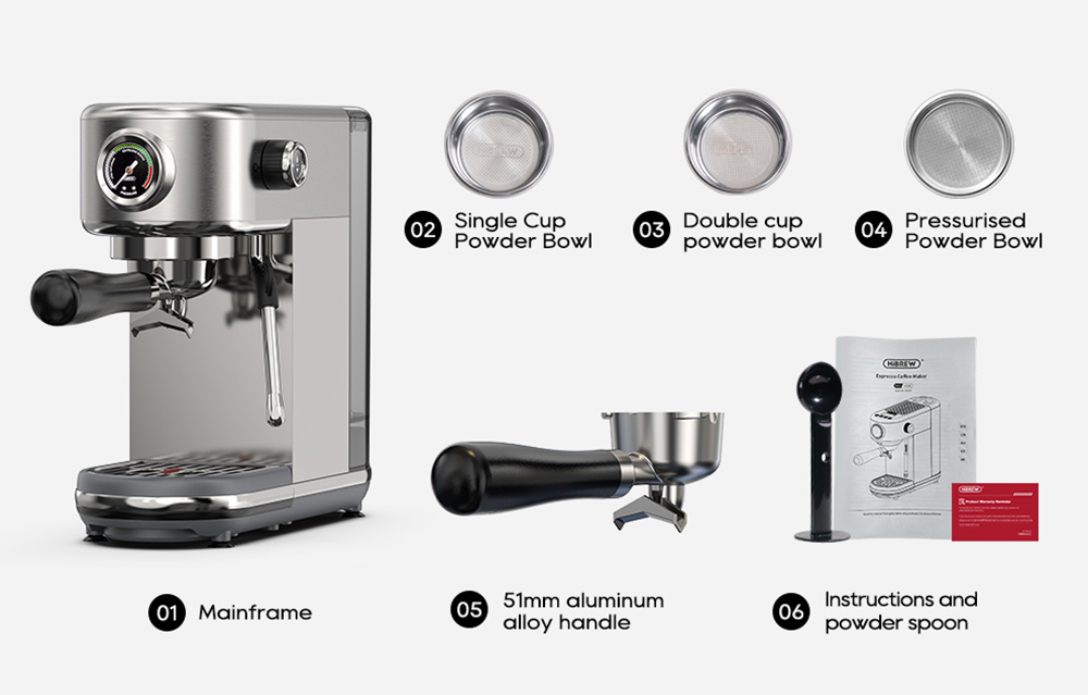 HiBREW H10B Espresso Coffee Machine, 20Bar Extraction Pressure, Semi-Automatic, Adjustable Temperature & Cup Volume, 51mm Aluminum Alloy Handle, 1.3L Removable Water Tank, Silver