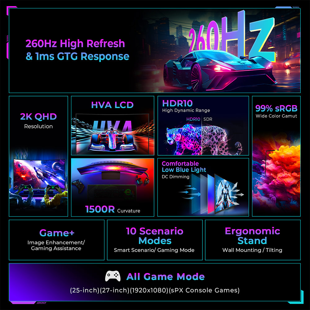 TITAN ARMY C32C1S 1500R Curved Gaming Monitor, 31.5-inch  2560*1440 HVA Fast Panel, 260Hz Refresh Rate, 1ms GTG, Adaptive Sync, HDR400, 99% sRGB, Game Plus Mode, Support PIP & PBP Display, Low Blue Light