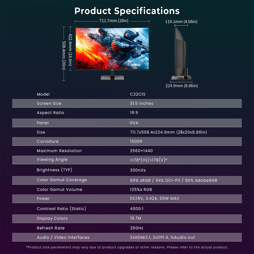 TITAN ARMY C32C1S 1500R Curved Gaming Monitor, 31.5-inch  2560*1440 HVA Fast Panel, 260Hz Refresh Rate, 1ms GTG, Adaptive Sync, HDR400, 99% sRGB, Game Plus Mode, Support PIP & PBP Display, Low Blue Light