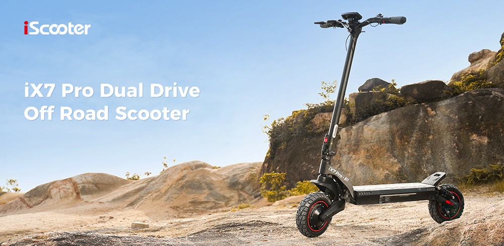 iScooter iX7 Pro Electric Scooter, 2*1000W Motor, 48V 17.5Ah Battery, 10-inch Off Road Tires, 60km/h Max Speed, 80km Range, Front and Rear Disc Brakes, Dual Suspensions