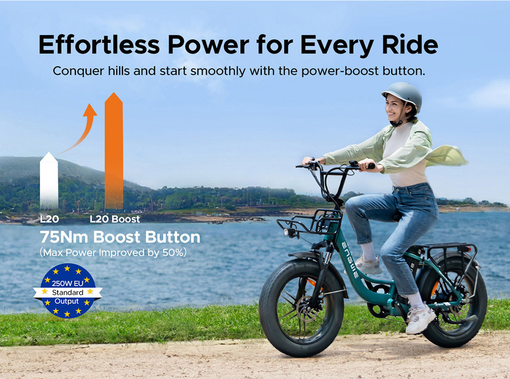 ENGWE L20 BOOST Electric Bike, 250W Motor, 48V 13AH Battery, 20*4-inch Fat Tires, 25km/h Max Speed, 126km Max Range, Torque Sensor, Shimano 7-Speed, Front Fork Suspension, Mechanical Disc Brakes