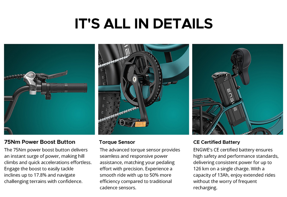 ENGWE L20 BOOST Electric Bike, 250W Motor, 48V 13AH Battery, 20*4-inch Fat Tires, 25km/h Max Speed, 126km Max Range, Torque Sensor, Shimano 7-Speed, Front Fork Suspension, Mechanical Disc Brakes
